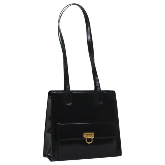 Salvatore Ferragamo Gancini Shoulder Bag Patent leather Black Gold Auth bs18810 - Picture 1 of 16
